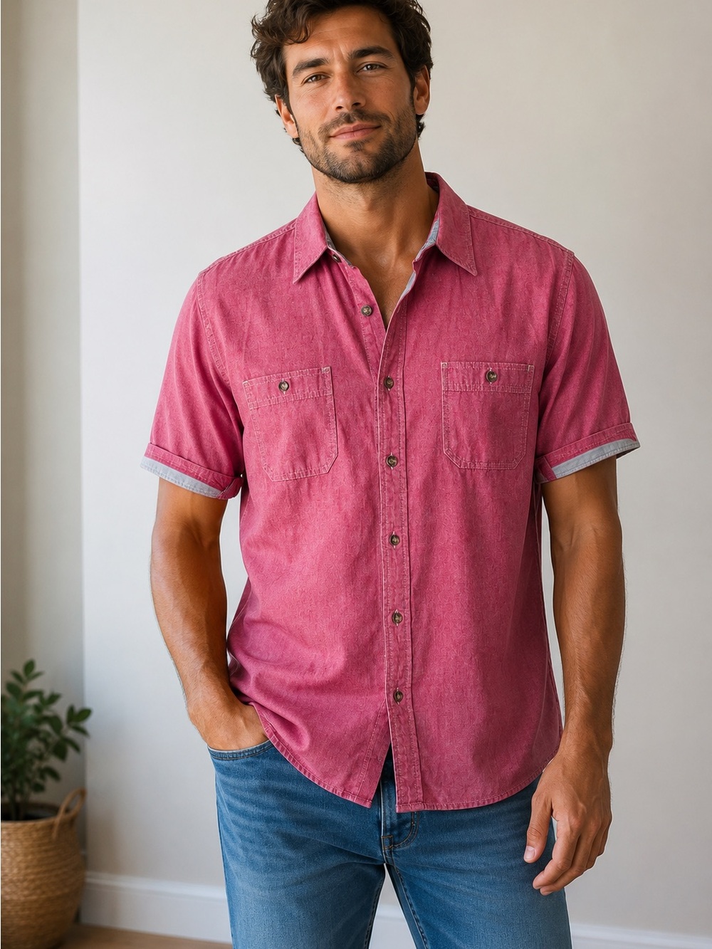 Vintage Men’s Berry Chambray Button Front Shirt Cotton Short Sleeve Size Large